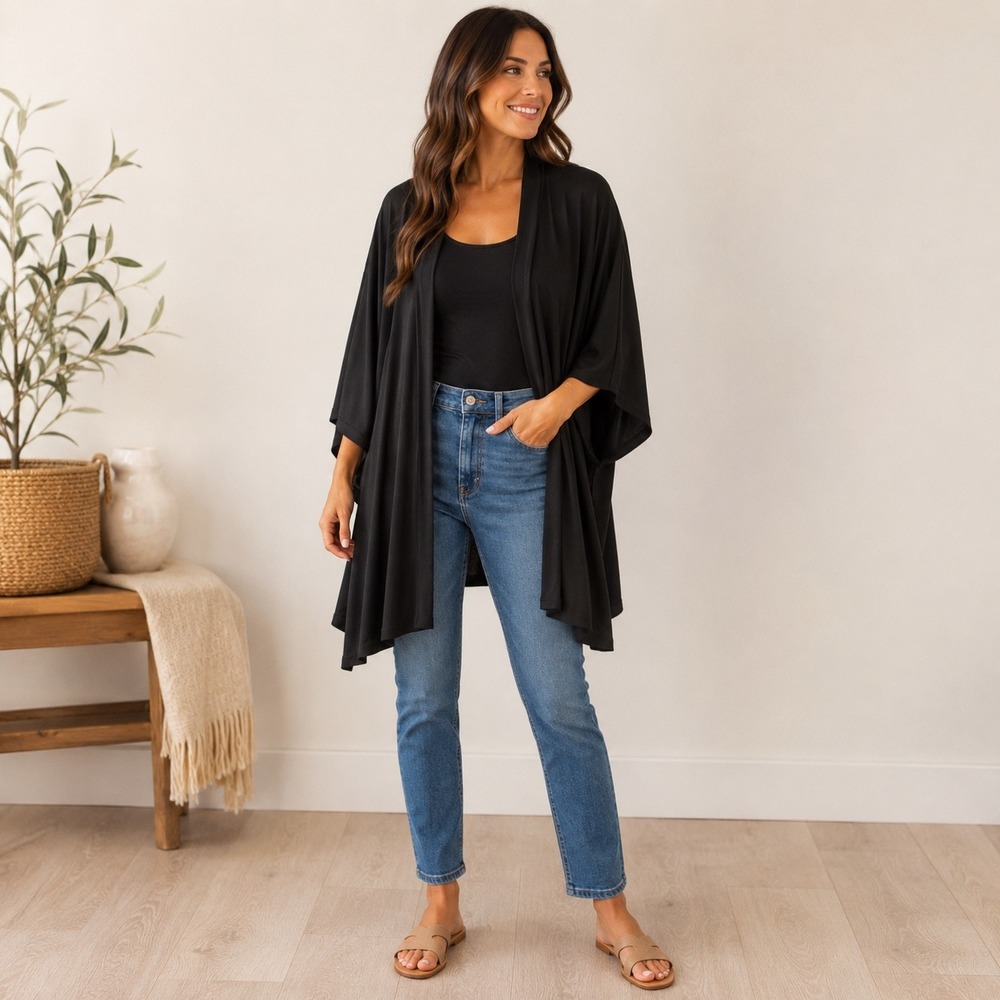 Soma Black Open Front Kimonoā Cardigan Womens Medium Draped Lounge Layer
